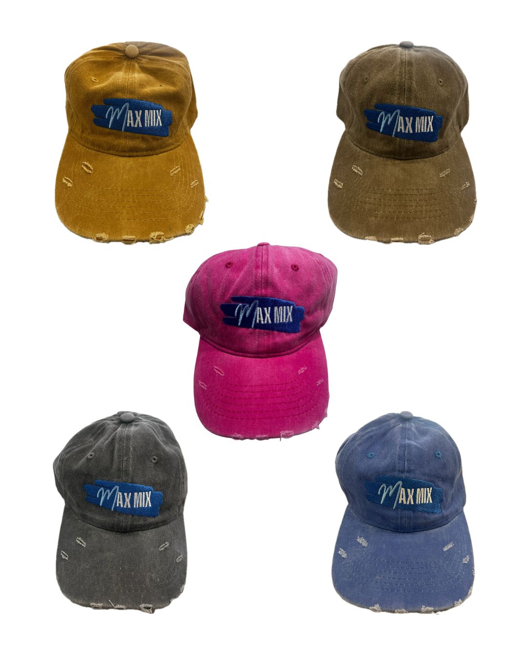 Five distressed hats (in colors yellow, beige, magenta, grey, and blue), all with 'Max Mix' branding on a white background.