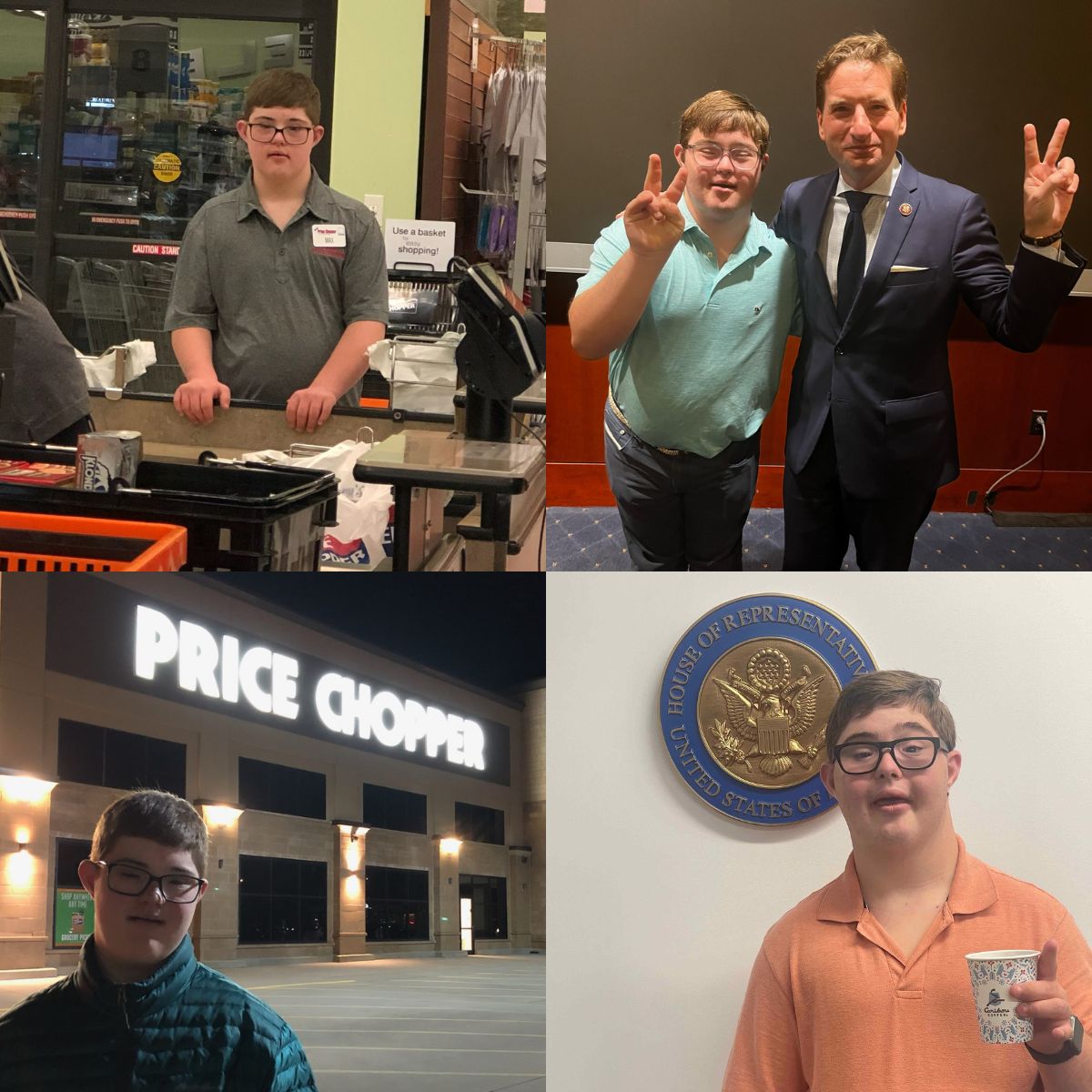 Various pictures of Max at work, including at Price Chopper, Schnuck’s the Renaud Community Center, and as an intern for Minnesota Congressman Dean Phillips.