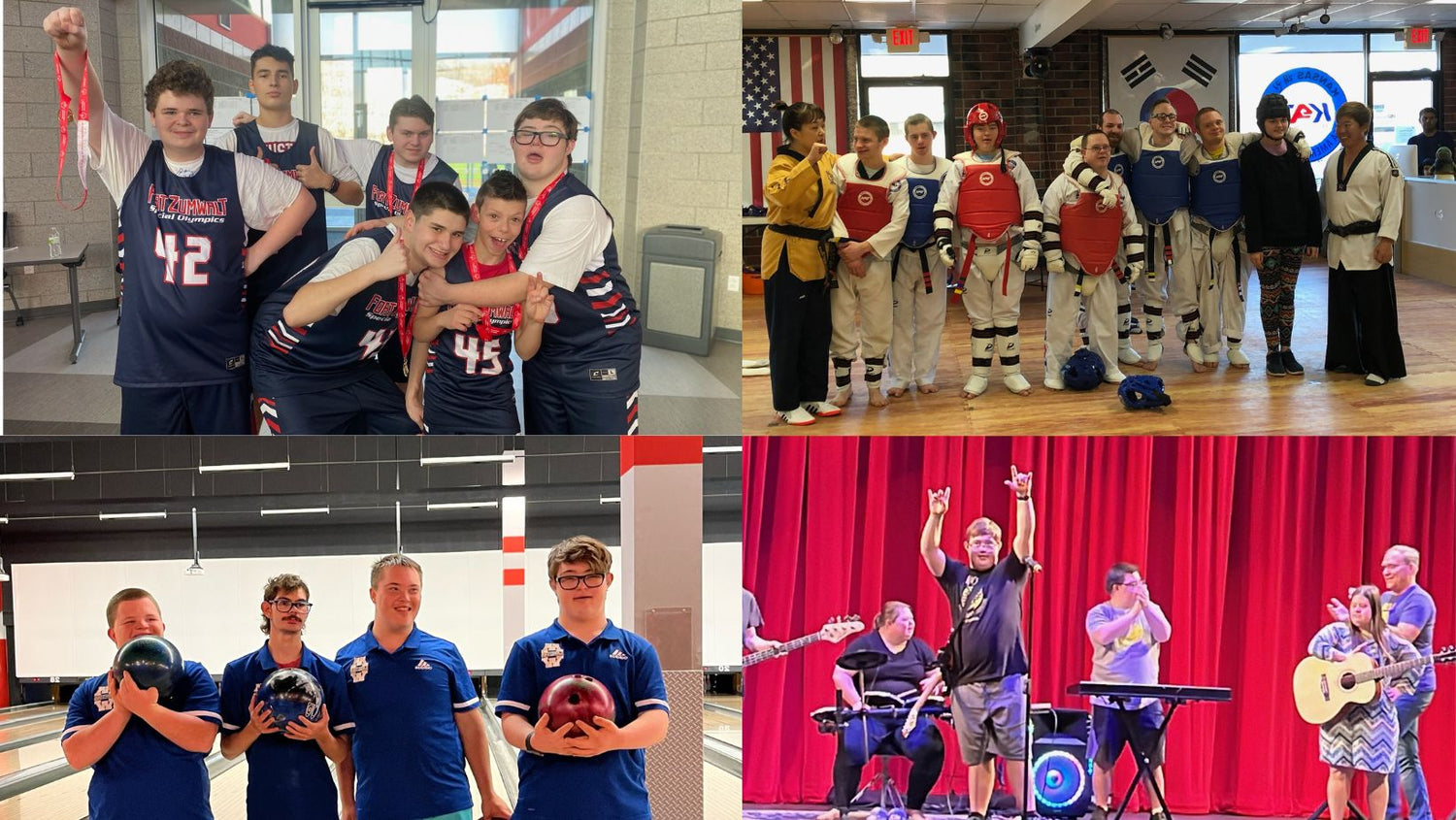 Four pictures of Max Mix founder Max's teams. From upper left moving clockwise: Max's Special Olympics basketball team, martial arts team, bowling team, and Rock Band 21.