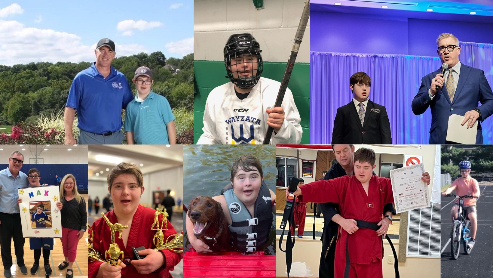 Various pictures of Max's achievements. Top row includes Max playing hockey, bottom row includes Max holding several trophies, swimming, receiving his black belt in Tae Kwon Do, and riding a bike.