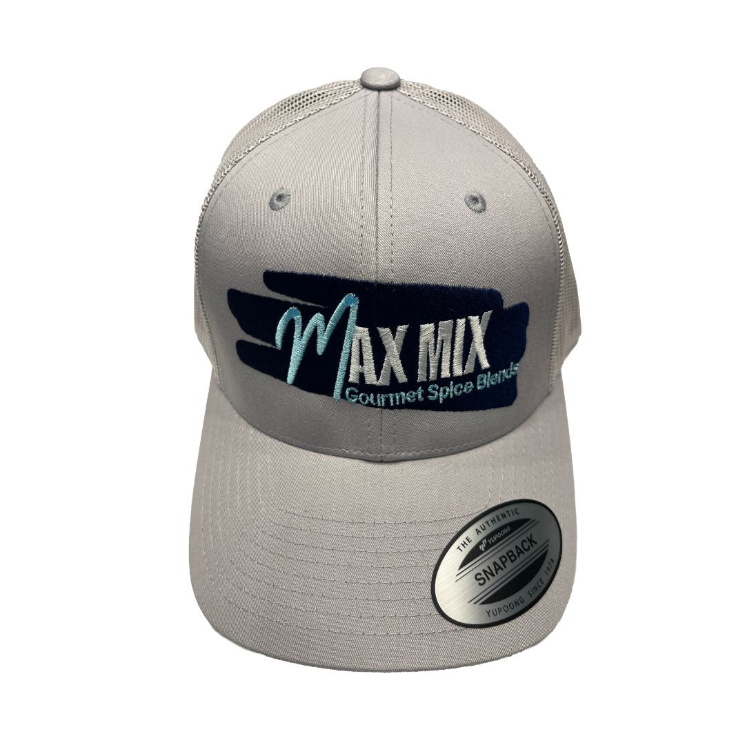 Light grey trucker hat with the Max Mix company logo:  Max Mix: Gourmet Spice Blends, in white and light blue text on a dark blue textured background.