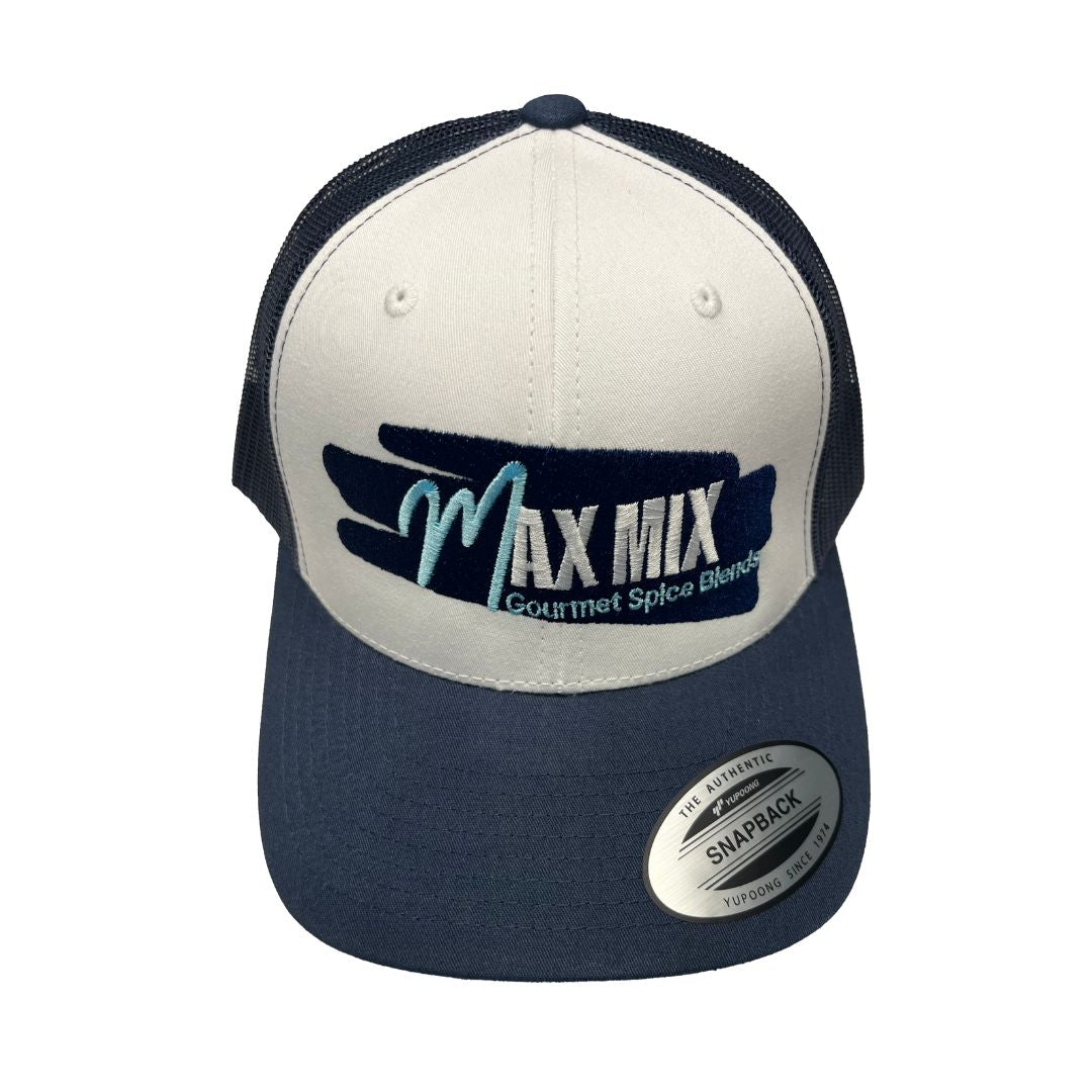Navy and white trucker hat with the Max Mix company logo: Max Mix: Gourmet Spice Blends, in white and light blue text on a dark blue textured background.