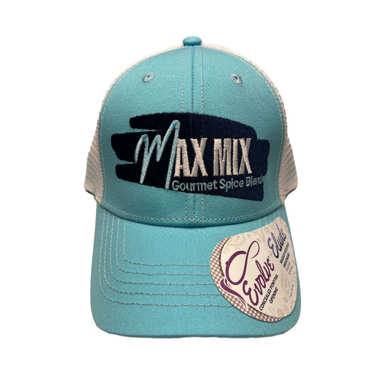 Aqua trucker hat with the Max Mix company logo:  Max Mix: Gourmet Spice Blends, in white and light blue text on a dark blue textured background.