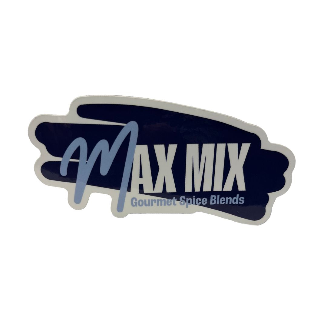 A sticker of the Max Mix company logo: Max Mix: Gourmet Spice Blends, in white and light blue text on a dark blue textured background.